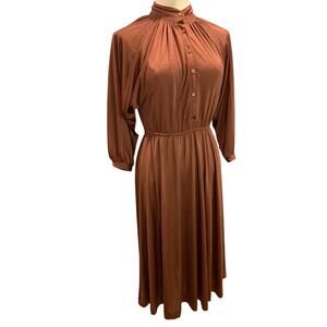 Large Vintage 1970s Polyester Shirtwaist Dress Cinnamon Color Stretch Fabric
